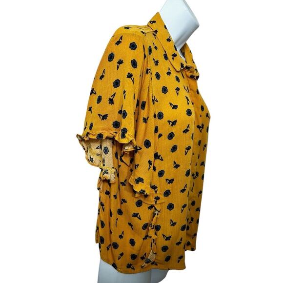 Elodie Mustard Yellow Floral Button Front Top Sz Large Dolman Sleeve Blouse - Picture 3 of 6
